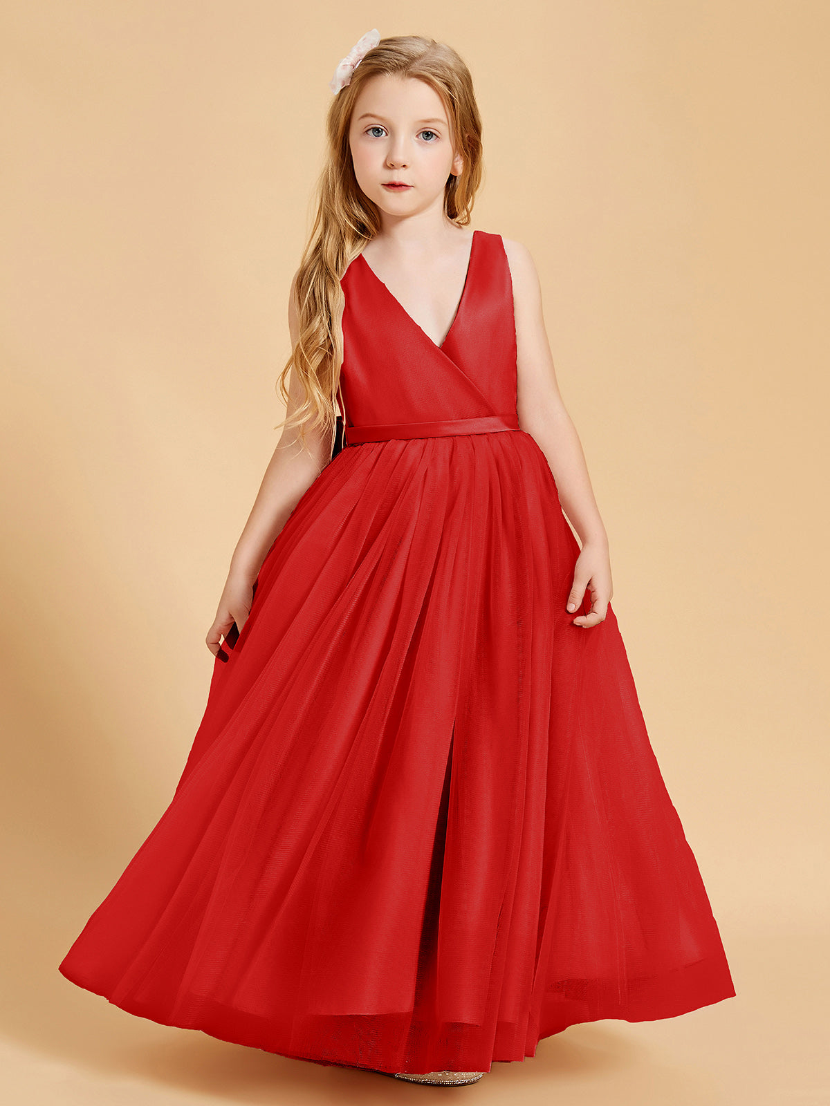 Tulle Junior Bridesmaid Dresses Satin Top Red